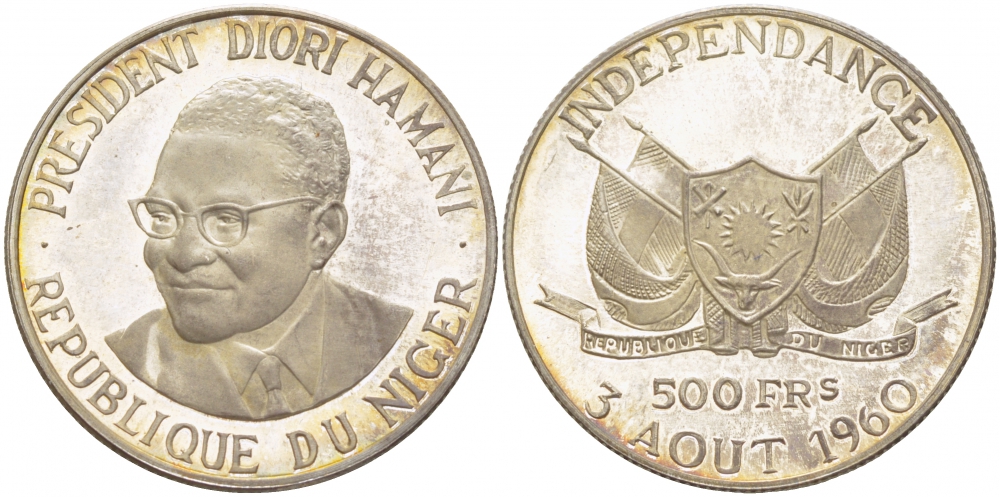 Нигер 500 франков 1960 президент Амани Диори (Hamani Diori), независимость KM 5 серебро PROOF 1087-6-45