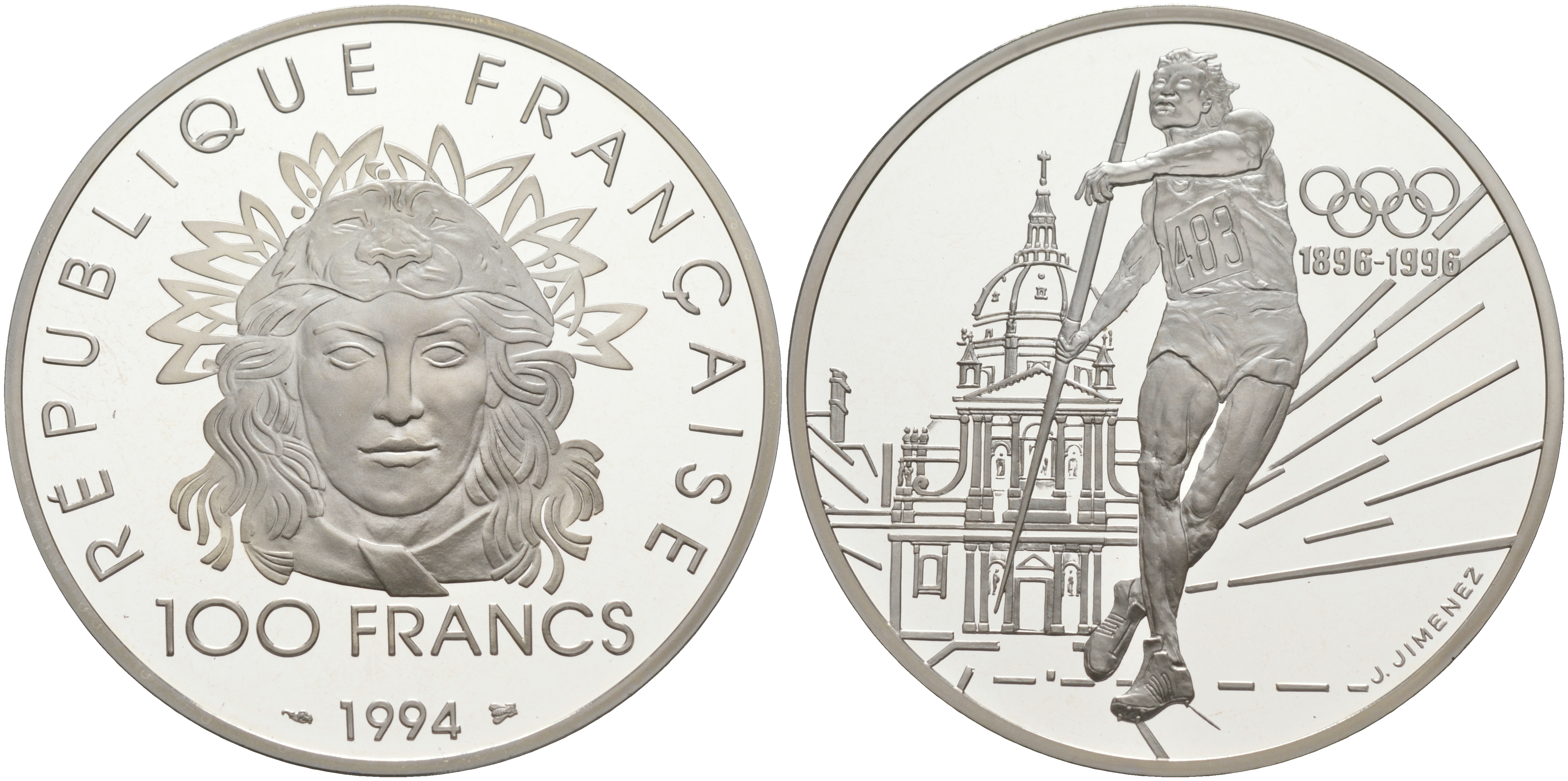 Франция 100 франков 1994 100 лет Олимпийскому движению (1896-1996), копьеметатель KM 1048 серебро PROOF 1091-9-41