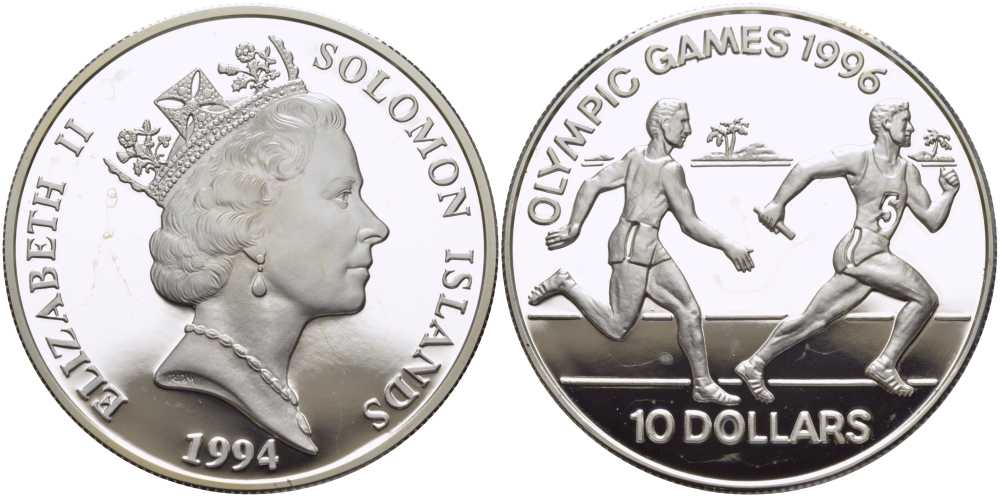 Соломоновы острова 10 долларов 1994 XXVI Олимпийские игры 1996 года в Атланте, бег, эстафета KM 53 серебро PROOF 1078-7-24