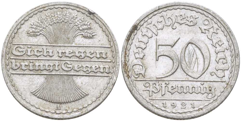 ГЕРМАНИЯ 50 ПФЕННИГОВ 1921 A KM 27, J. 301, Weege 10 алюминий 261-352