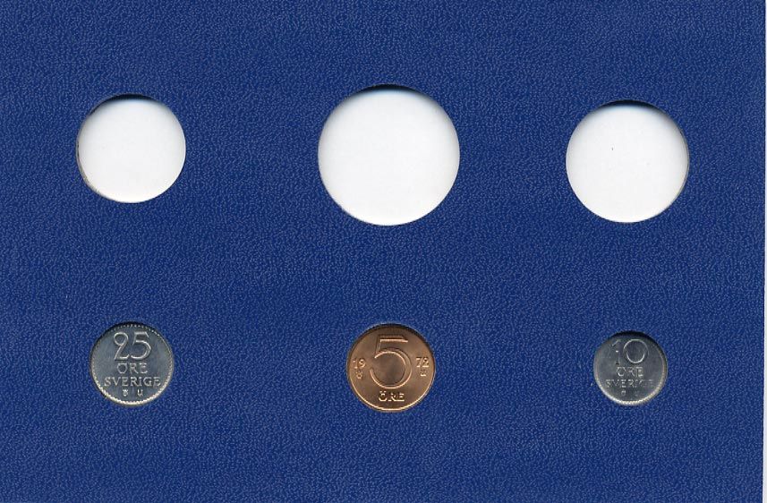 Швеция 5, 10, 25 эре 1972 Густав VI Адольф (1950-1973) в картоне набора монетного двора UNC 7-5-7-268