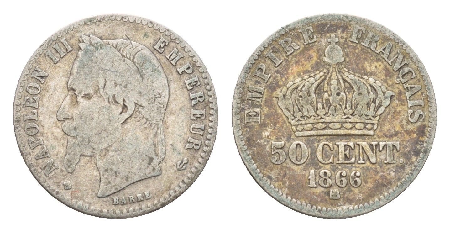 Франция 50 сантимов 1866 BB, Наполеон III KM 814 серебро 54-465