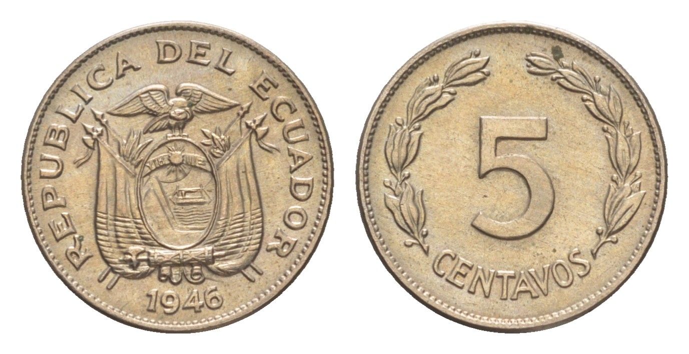 Эквадор 5 сентаво 1946 KM 75b медно-никель UNC 4643-1133