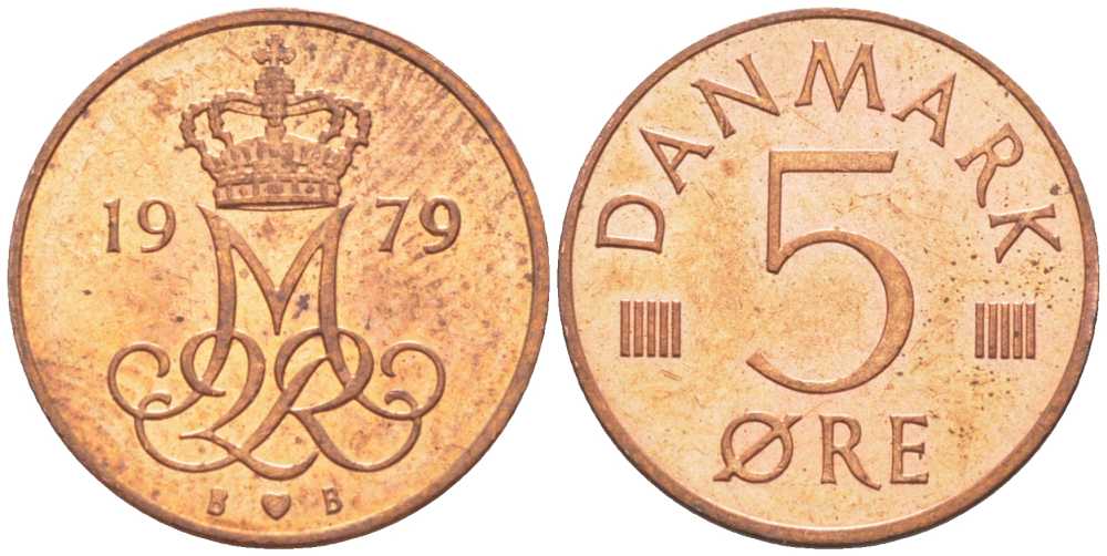 ДАНИЯ 5 ЭРЕ 1979 B; B, МАРГРЕТЕ II (1972-) KM 859.2 железо плакированное медью 4392-566