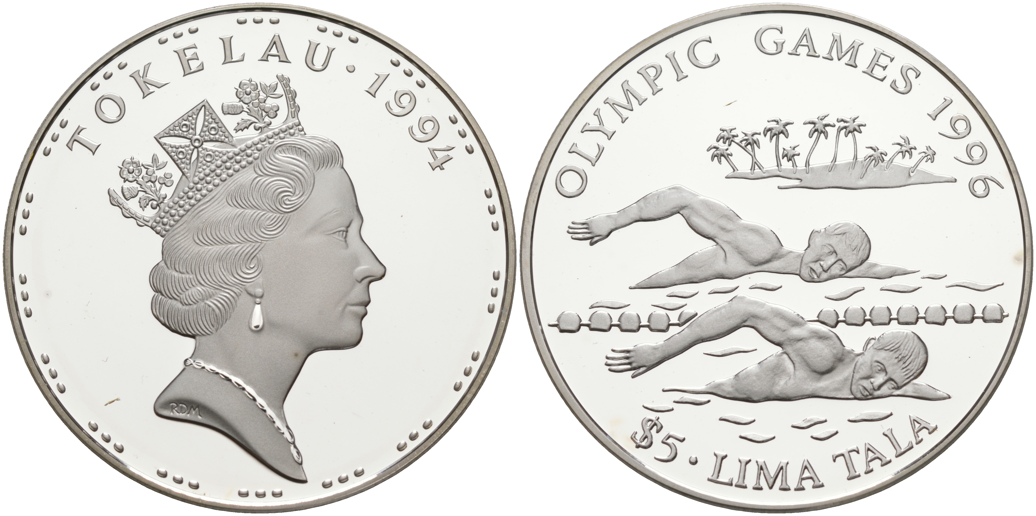 Токелау 5 тала 1994 XXVI олимпийские игры 1996 года в Атланте, плавание KM 19 серебро PROOF 1074-4-62