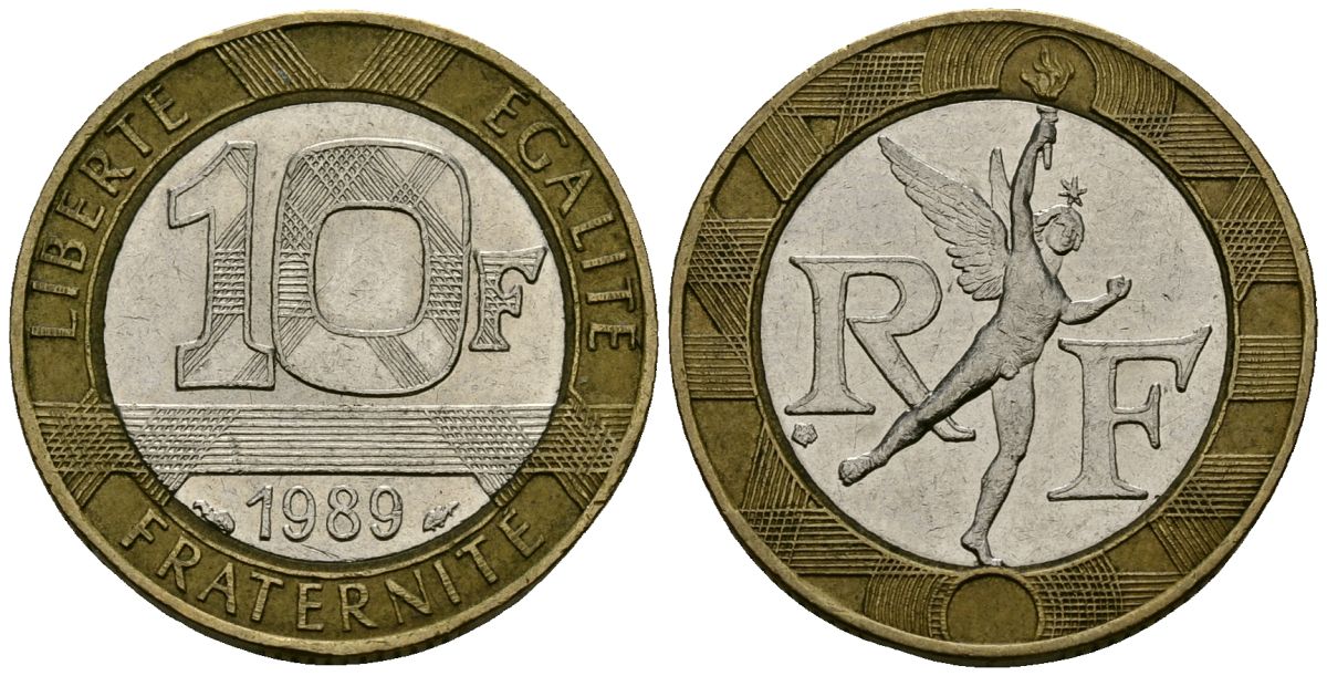 Франция 10 франков 1989 тип гений Бастилии KM 964.1, Le Franc 375.3 биметалл 4135-537