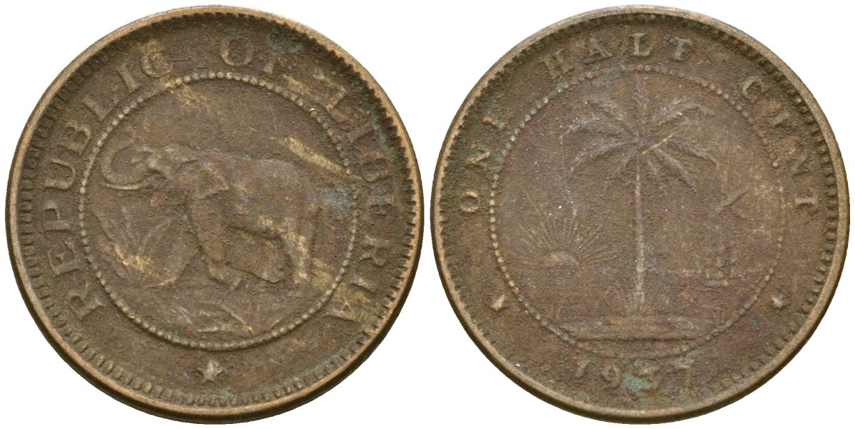 Либерия 1/2 цента 1937 KM 10 латунь 4174-423