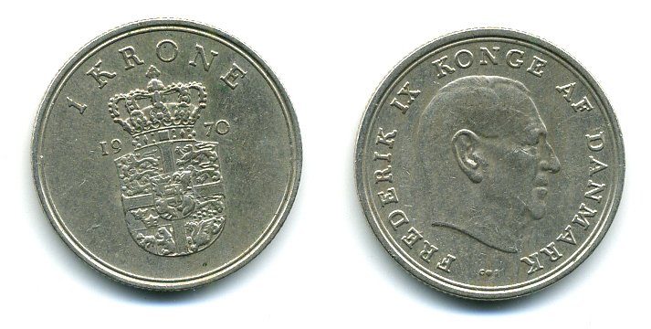 ДАНИЯ 1 КРОНА 1970 C; S, ФРЕДЕРИК IX (1947-1972) KM 851.1 медно-никель 59-1231