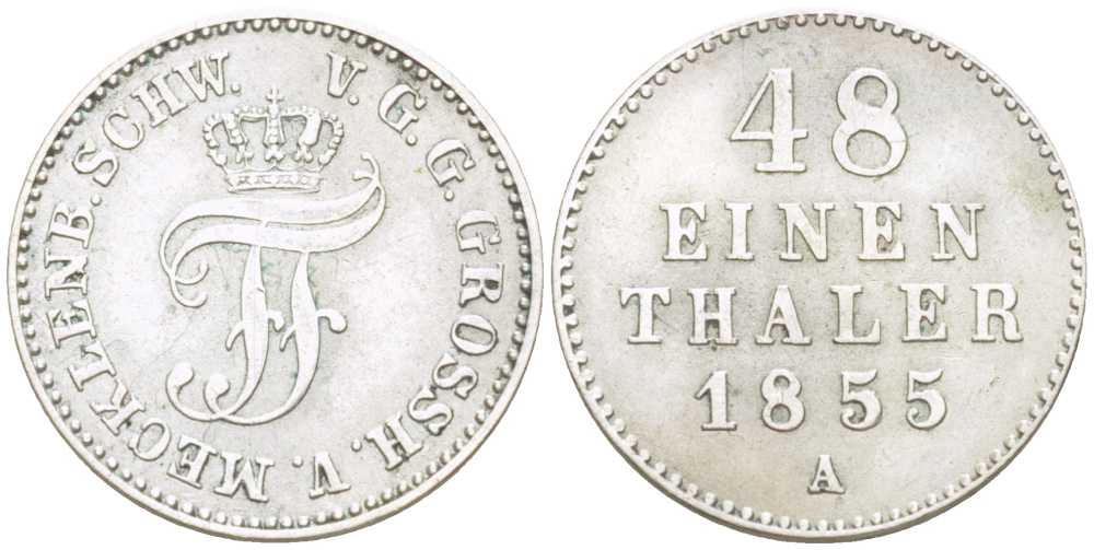 Мекленбург-Шверин 1/48 талера 1855 А, Фридрих Франц II (1842-1883) AKS 66, Jaeger 117, KM 311 (С107а) серебро 206-312