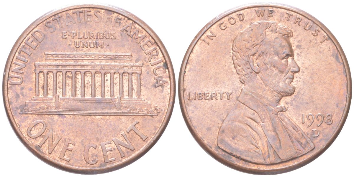 США 1 цент 1998 D, Линкольн KM 201b цинк плакированный медью aUNC 4613-1248