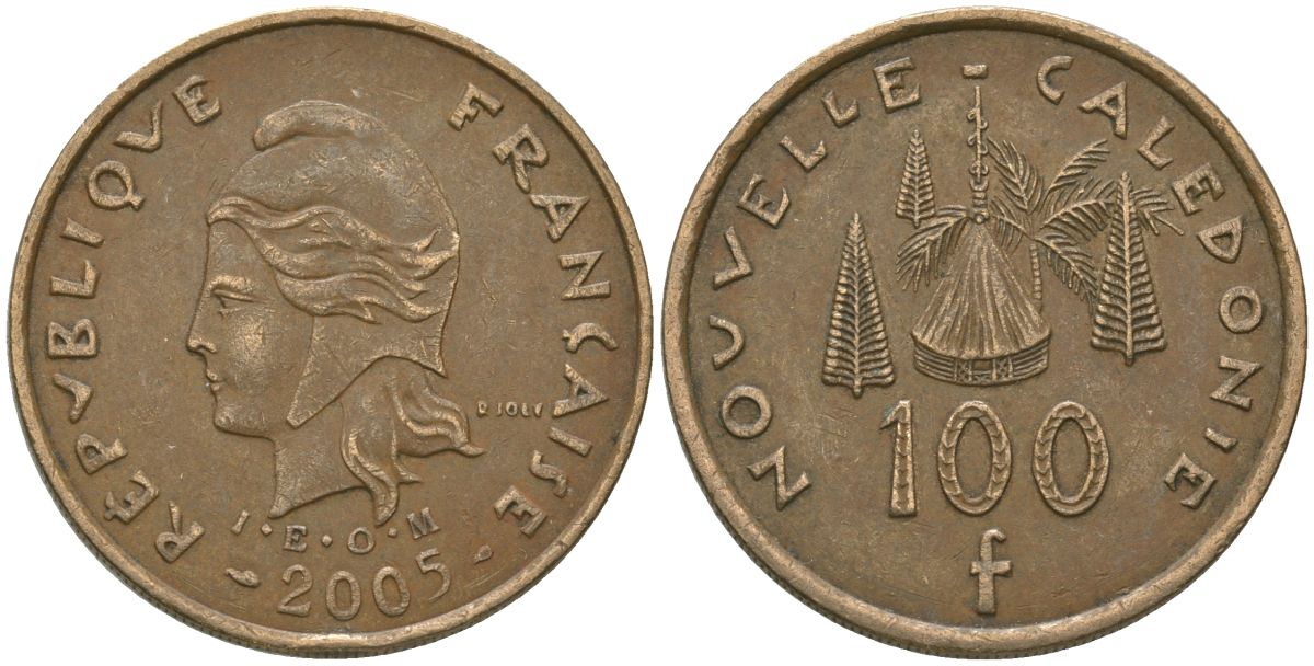 Французская Новая Каледония 100 франков 2005 хижина среди сосен и пальм, (IEOM) KM 15, Schoen 16, Lec 139i никель бронза 111-441