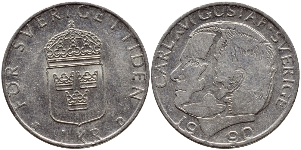 Швеция 1 крона 1990 Карл XVI Густав (1973- ) KM 852a медно-никель 4398-1224