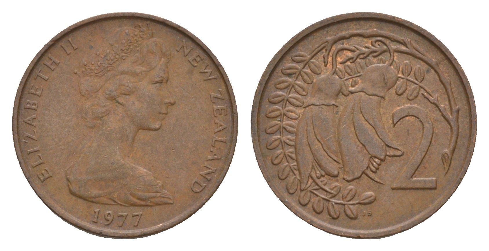 Новая Зеландия 2 цента 1977 Елизавета II (1952-2022), два цветка кохаи KM 32.1 бронза 4655-1147