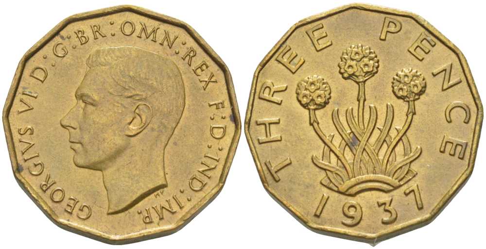Великобритания 3 пенса 1937 Георг VI (1936-1952) KM 849, Spink 4112 никель латунь 33-656