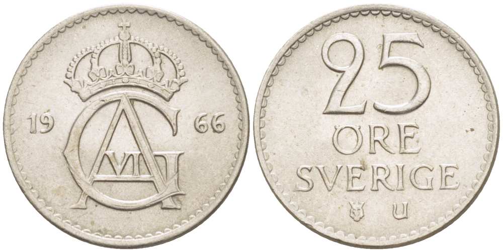 Швеция 25 эре 1966 U, Густав VI Адольф (1950-1973) KM 836 медно-никель 4516-463