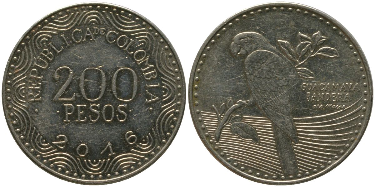 Колумбия 200 песо 2016 KM 297, Schon 124 никель латунь 4538-614