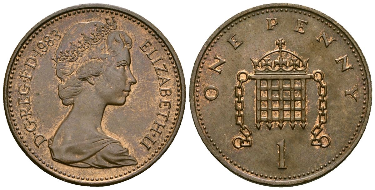 Великобритания 1 пенни 1983 Елизавета II (1952-2022) KM 927, Spink 4238 (B2) бронза 4582-537