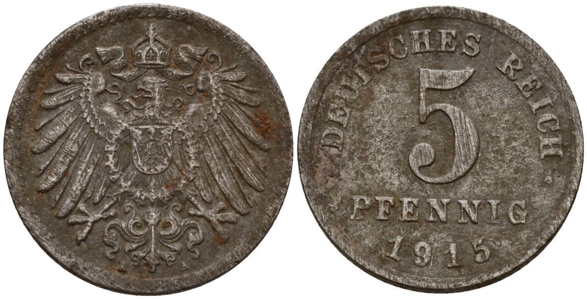 Германия 5 пфеннигов 1915 A KM 19, J. 297 железо плакированная цинком 4189-831