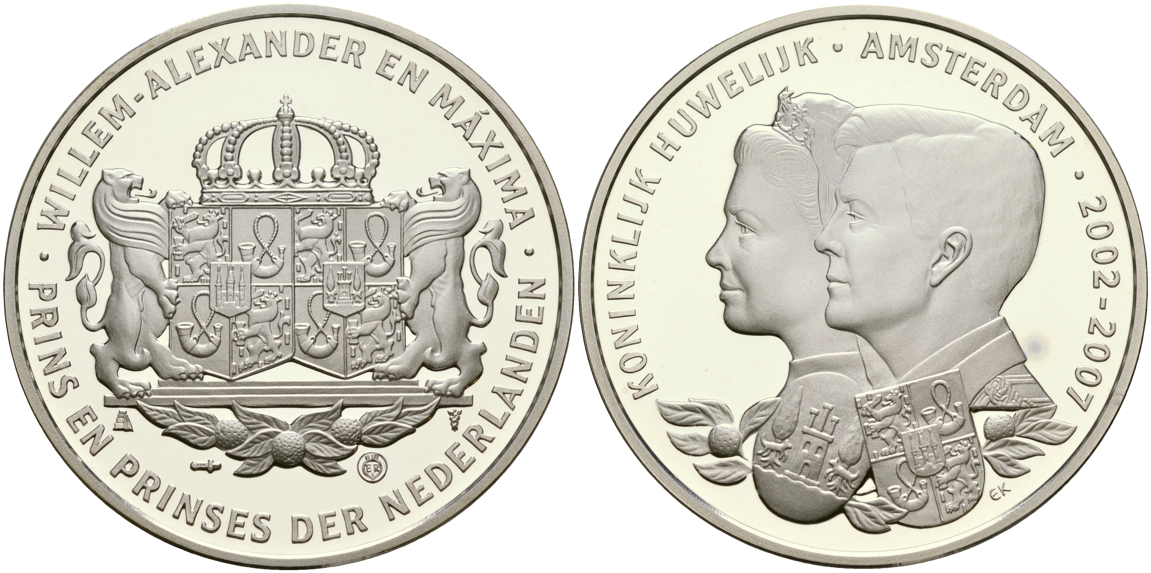 Нидерланды медаль 2007 свадьба Александра и принцессы Максимы, 5 ая годовщина (2002-2007)  серебро  PROOF  11-183-42