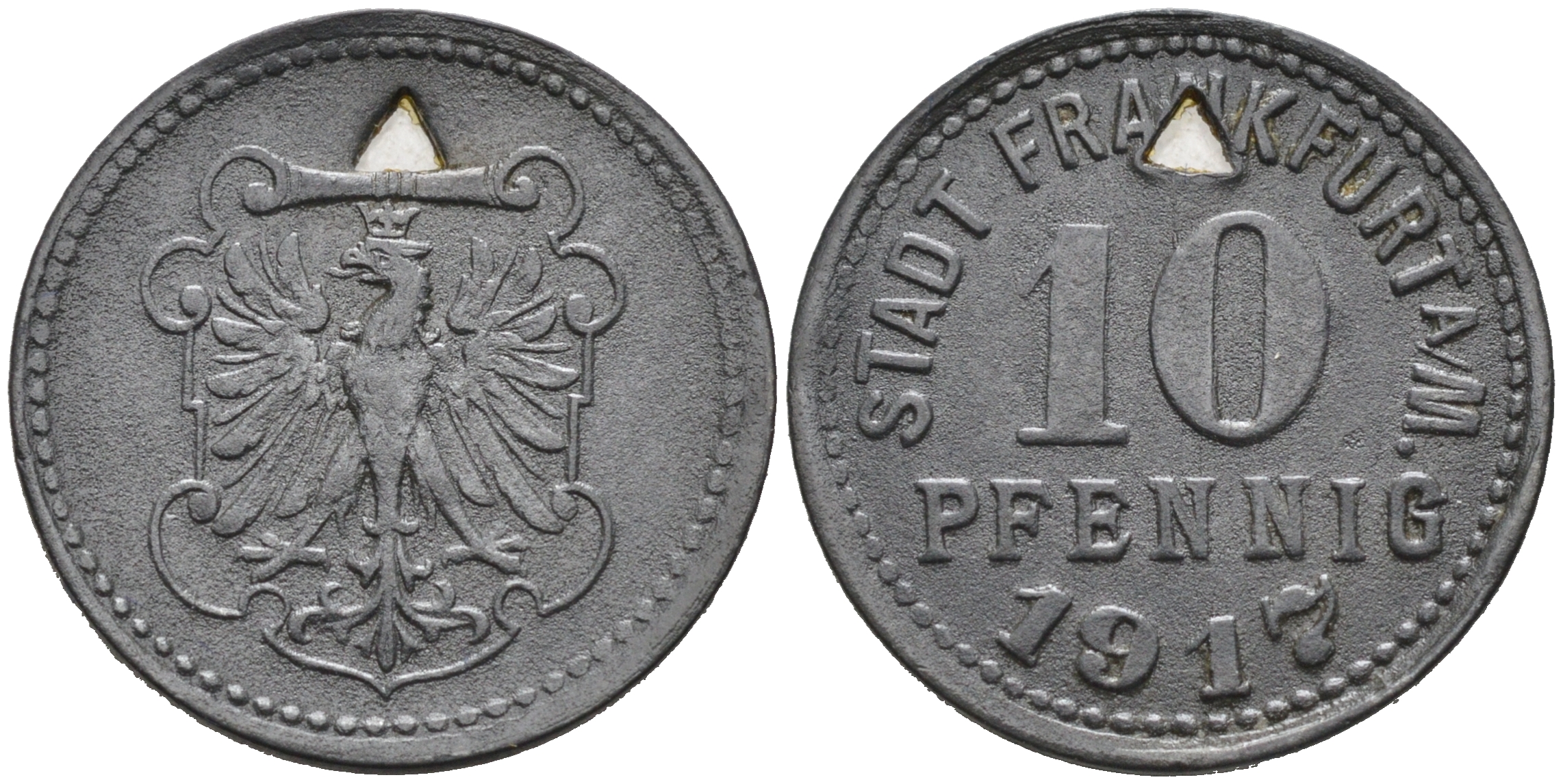 ФРАНКФУРТ-НА-МАЙНЕ 10 ПФЕННИГОВ 1917 НОТГЕЛЬД, ТРЕЦГОЛЬНАЯ ПРОСЕЧКА цинк 75-1413