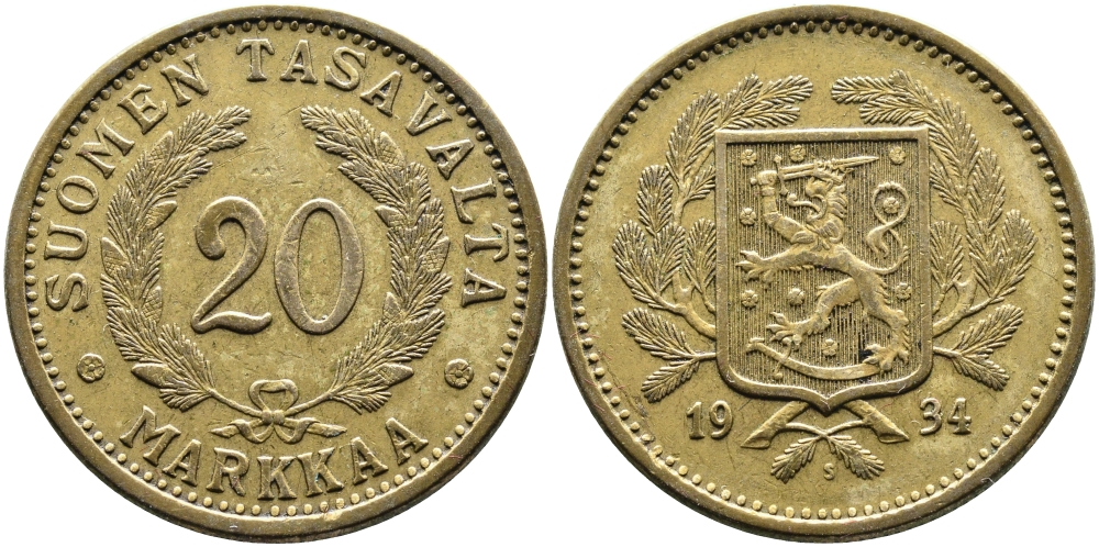 Финляндия 20 марок 1934 S KM 32 алюминиевая бронза 4389-115