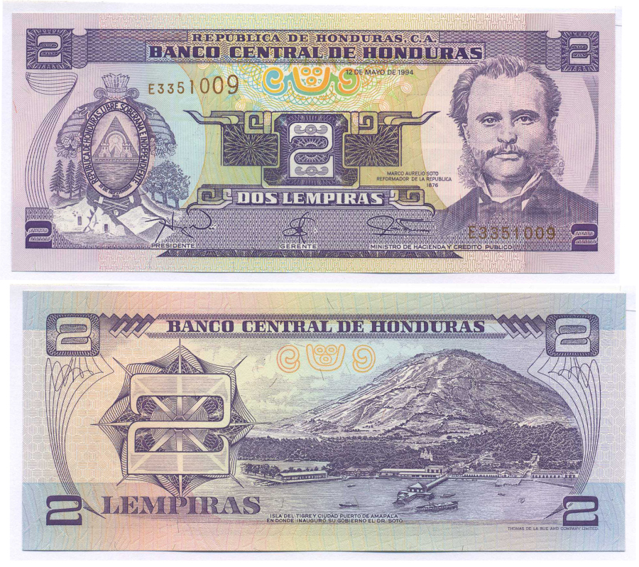 Гондурас 2 лемпира 1994 Марко Аурелио Сото, президент Pick 72 c бумага UNC (пресс) 8588-84-1-2