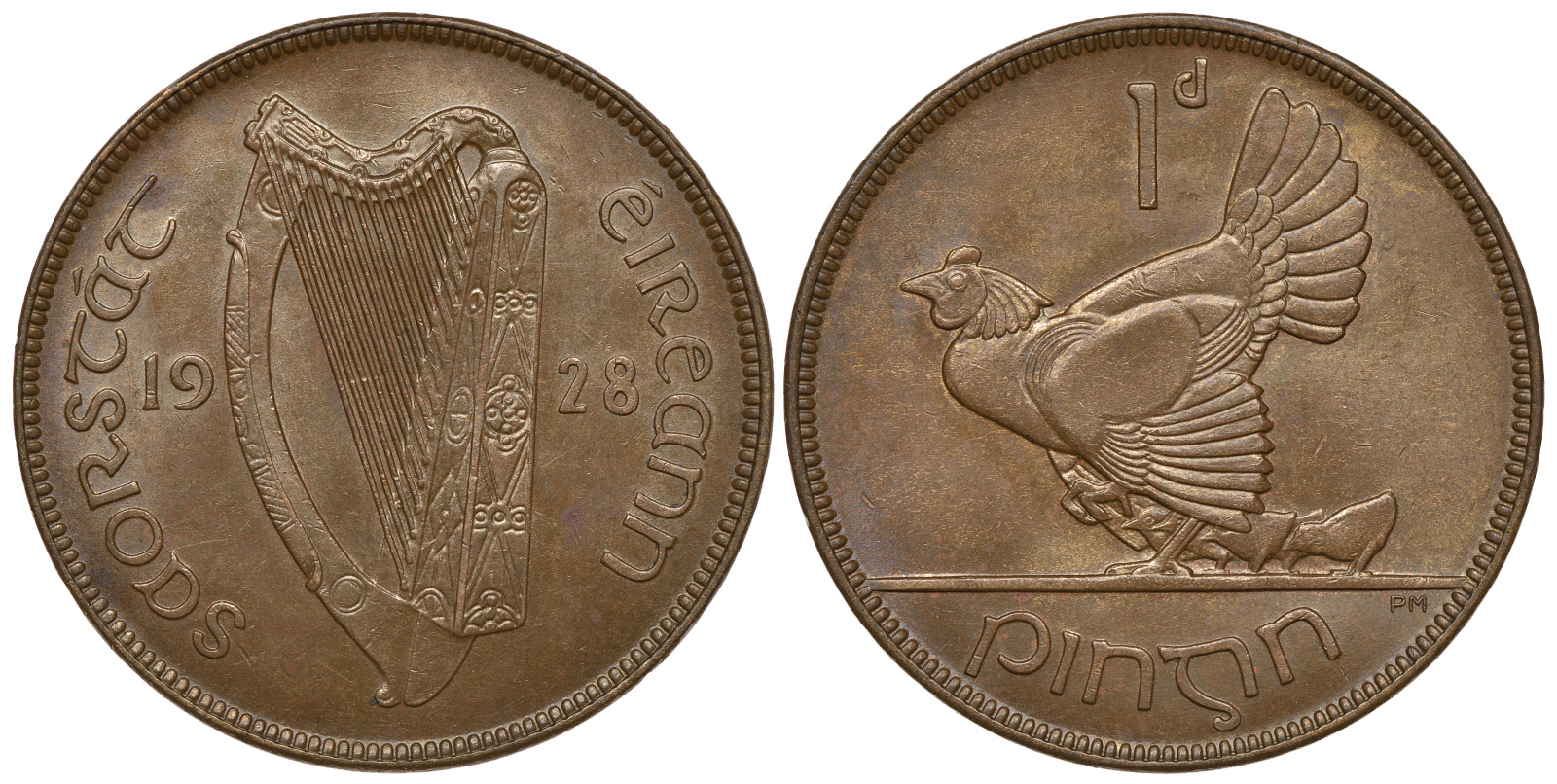 Ирландия 1 пенни 1928 курица с цыплятами KM 3 бронза 4389-346