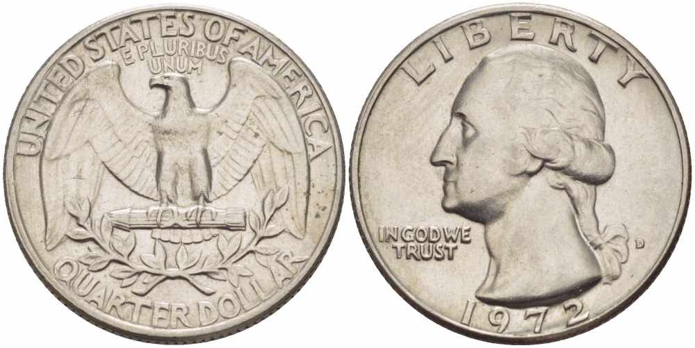 США 25 центов (квотер) 1972 D, Вашингтон KM 164а медь плакированная медно-никелем 4364-2311