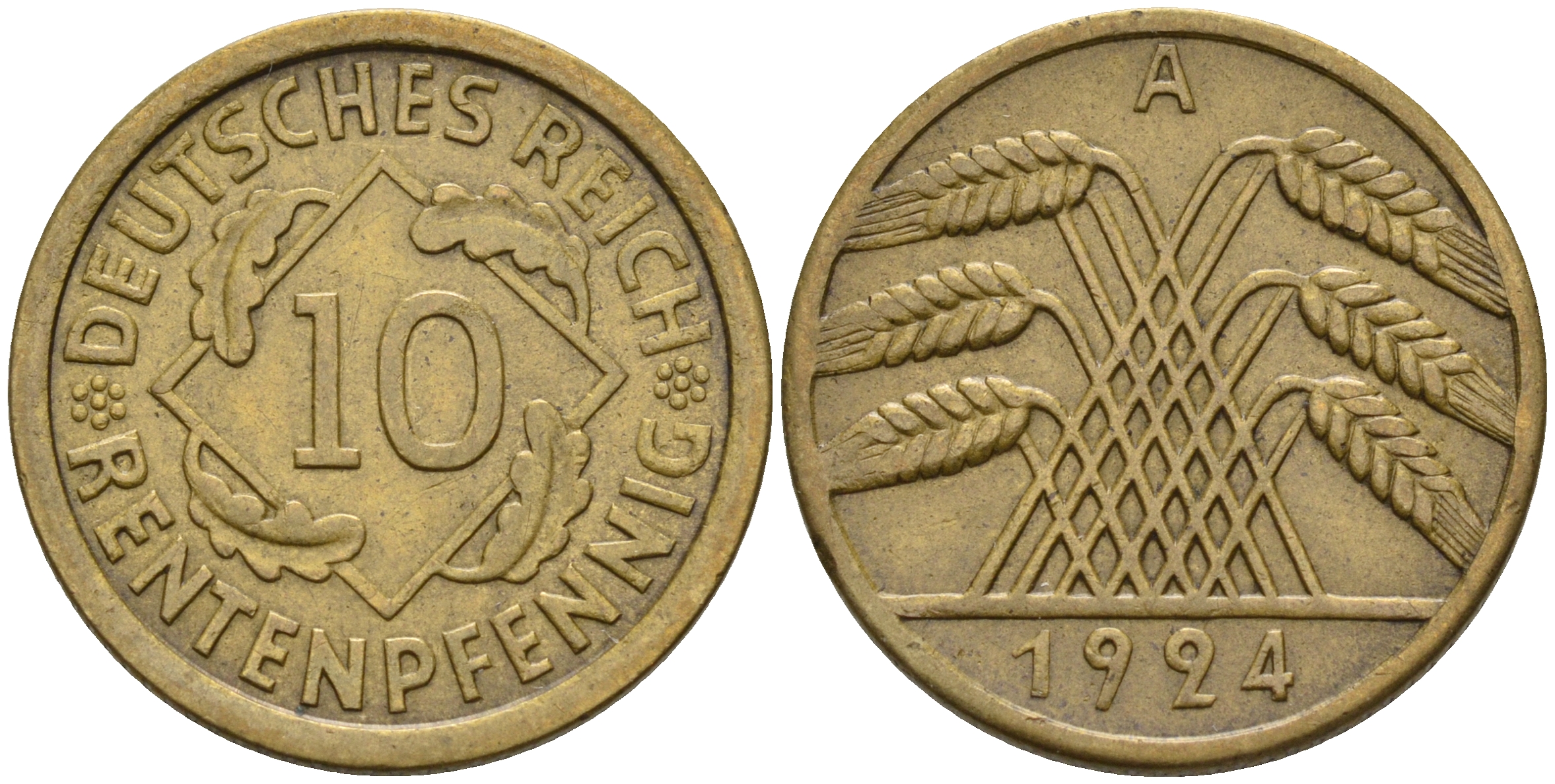 Германия 10 рентенпфеннигов 1924 А KM 33 J. 309 алюминиевая бронза    4153-255