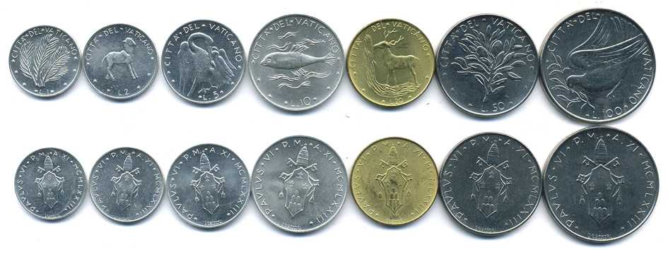 ВАТИКАН ЛОТ ИЗ 7 МОНЕТ 1973 ПАВЕЛ VI (1963-1978), ЖИВОТНЫЕ KM 116, 117, 118, 119, 120, 121, 122 UNC N4-27