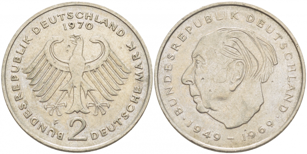 ФРГ 2 марки 1970 F, Теодор Хойс KM A127, J. 407 медно-никель плакированный никелем 3718-1051