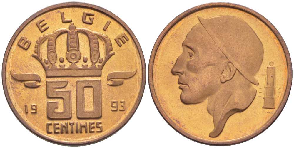 БЕЛЬГИЯ 50 САНТИМОВ 1993 BELGIE, БОДУЭН I (1951-1993) KM 149.1 бронза 214-655