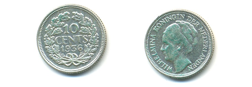 Нидерланды 10 центов 1936 Вильгельмина I (1890-1948) КМ 163 серебро 84-939