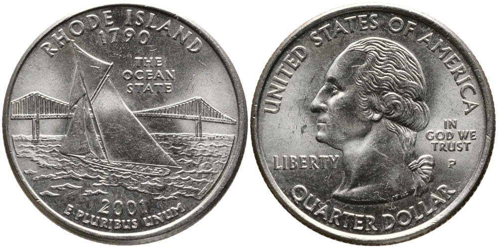 США 25 центов = квотер 2001 Р, серия штаты США, Род-Айленд KM 320 медь плакированная медно-никелем 24-1211
