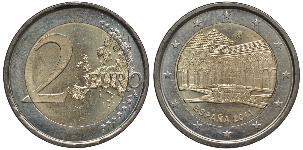 ИСПАНИЯ 2 ЕВРО 2011 ЮНЕСКО - АЛЬГАМБРА, ХЕНЕРАЛИФЕ И АЛЬБАЙСИН В ГРАНАДЕ KM 1184 биметалл UNC 3856-722