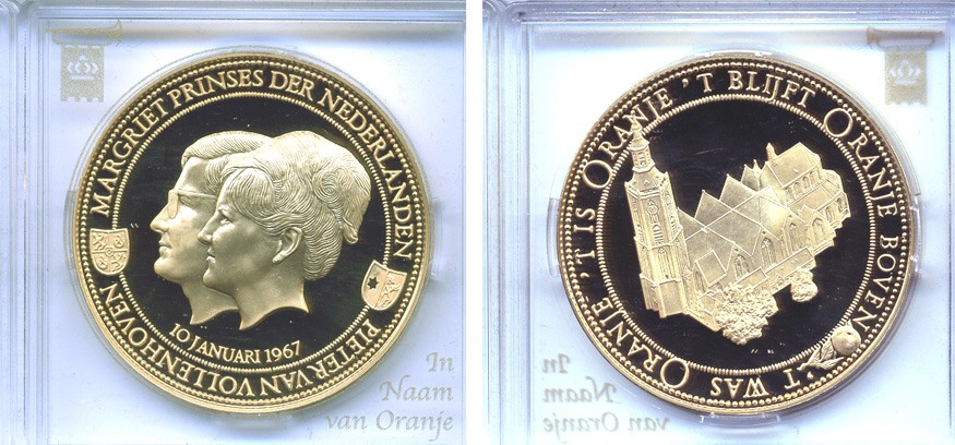 НИДЕРЛАНДЫ МЕДАЛЬ ND 10 ЯНВАРЯ 1967 ГОДА СВАДЬБА ПРИНЦЕССЫ МАРГАРЕТ И ПИТЕРА ВОЛЛЕНХОФЕНА бронза, позолота PROOF 5-3-1-92