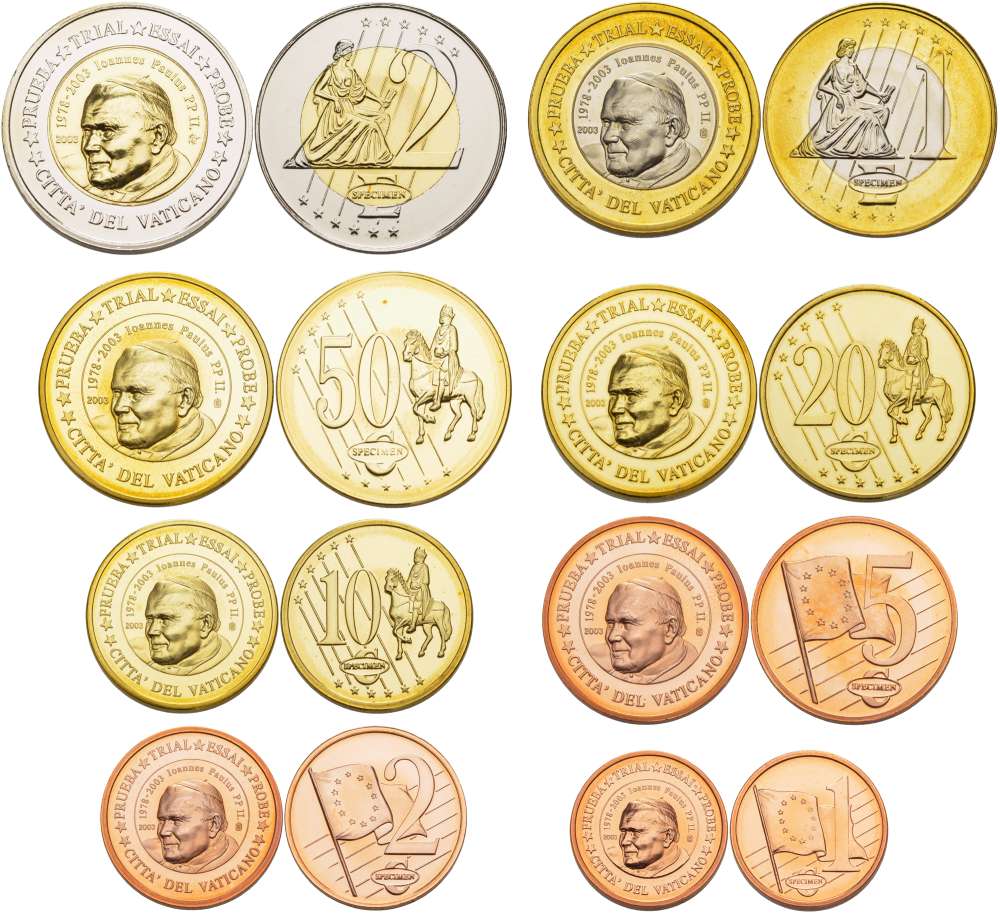 Ватикан набор из 8 монет 2003 PROBE, ESSAI, европробники большого формата, в капсулах , Иоанн Павел II (1978-2003), тираж 30000 экз. биметалл PROOF 5-4-1-92