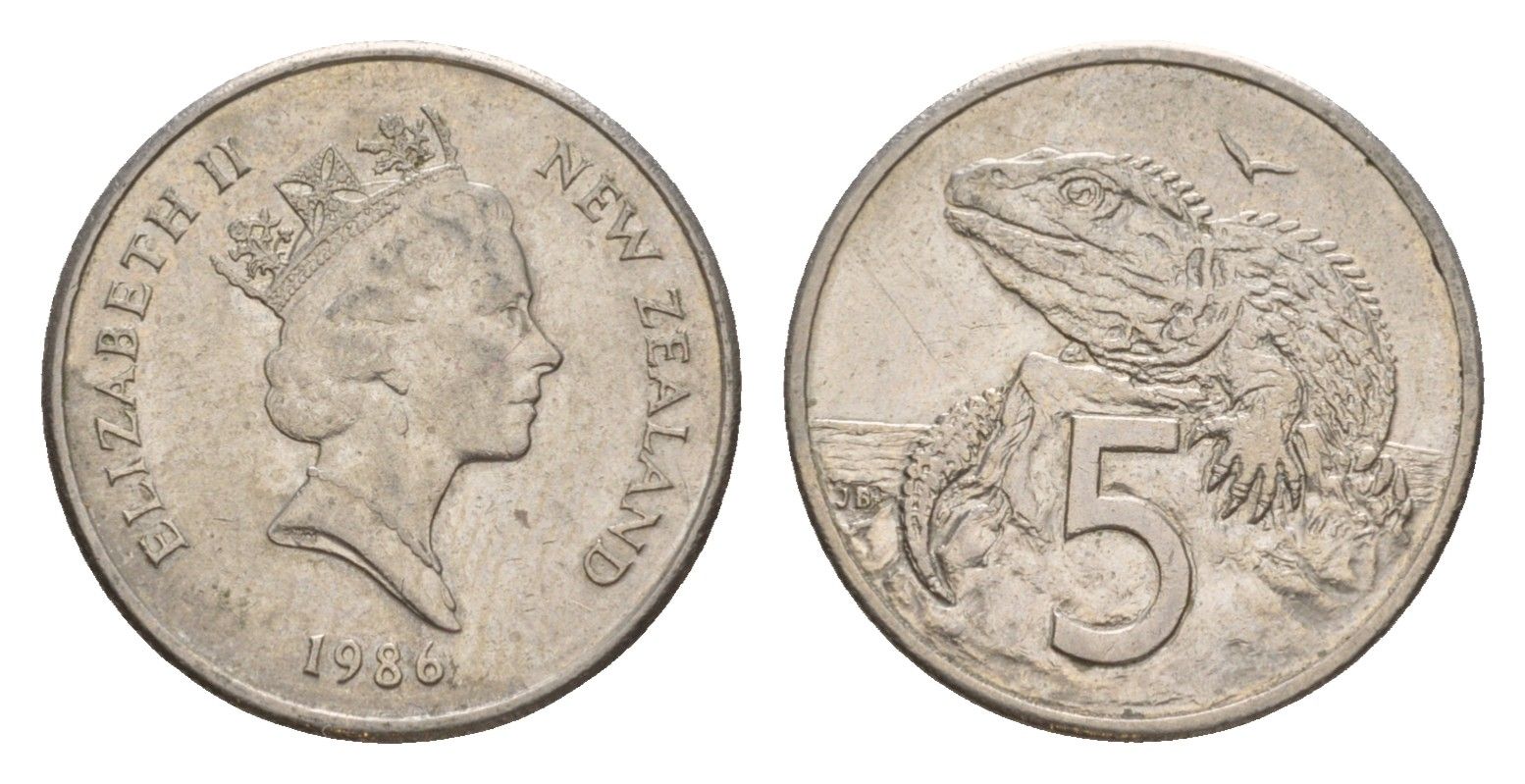 Новая Зеландия 5 центов 1986 Елизавета II (1952-2022), ящерица гаттерия KM 60 медно-никель 4178-365