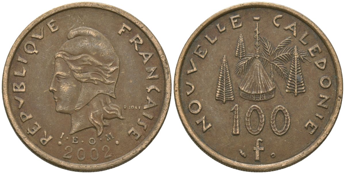 Французская Новая Каледония 100 франков 2002 хижина среди сосен и пальм, (IEOM) KM 15, Schoen 16, Lec 139f никель бронза 109-825