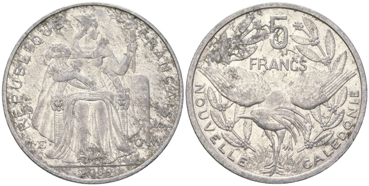 Французская Новая Каледония 5 франков 2009 птица кагу, (IEOM) KM 16, Schoen 12, Lec 81k алюминий 221-834