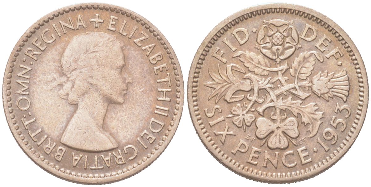 Великобритания 6 пенсов 1953 Елизавета II (1952-2022) KM 889, Spink 4141 медно-никель 4614-824