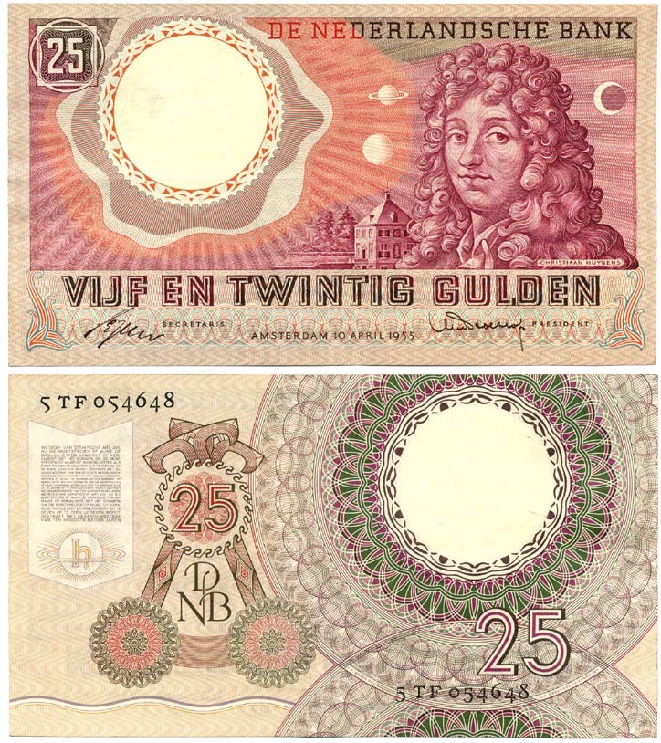 Нидерланды 25 гульденов 1955 Христиан Гюйгенс Pick 87 бумага 7116-1-2