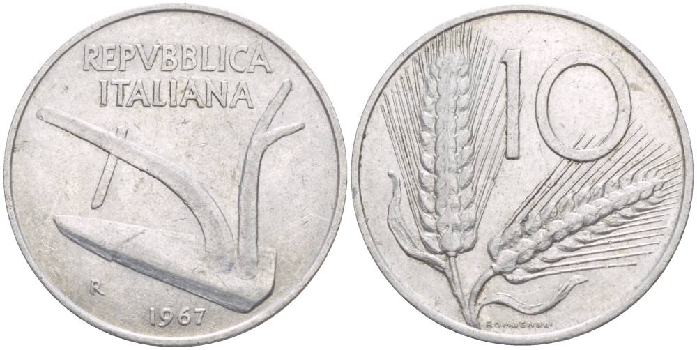 ИТАЛИЯ 10 ЛИР 1967 R, КОЛОСЬЯ, ПЛУГ KM 93 алюминий 4551-211