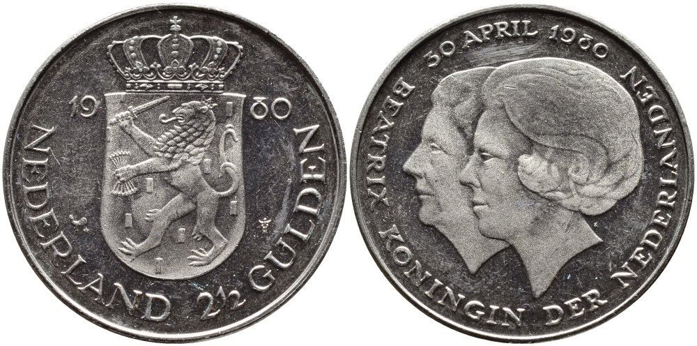 Нидерланды 2 1/2 гульдена 1980 коронация Беатрикс, 30 апреля 1980 KM 201 никель 4389-321