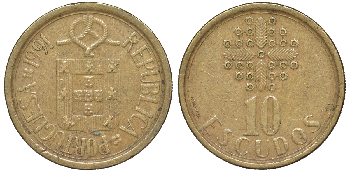 Португалия 10 эскудо 1991 KM 633 никель латунь 4142-1137