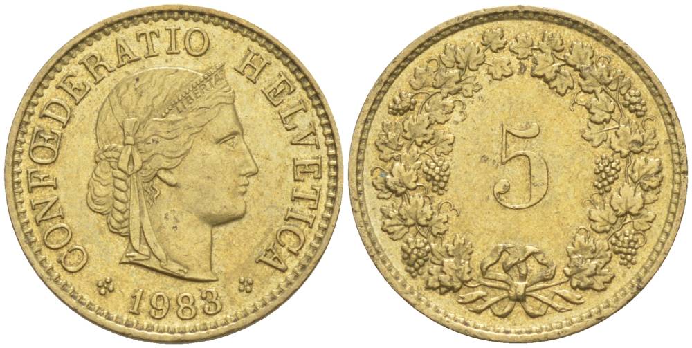 Швейцария 5 раппенов 1983 KM 26c алюминиевая бронза 105-869