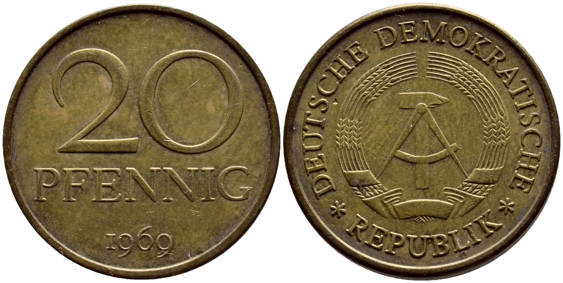 ГДР 20 пфеннигов 1969 А, первый год KM 11 латунь UNC 4398-244