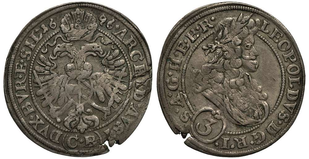 АВСТРИЯ 3 КРЕЙЦЕРА 1696 СВ, ИМПЕРАТОР ЛЕОПОЛЬД I (1657-1705), СВЯЩЕННАЯ РИМСКАЯ ИМПЕРИЯ, СИЛЕЗИЯ БРИГ, ВЕС 1,78 ГР. Herinek 1564 серебро 413-2425