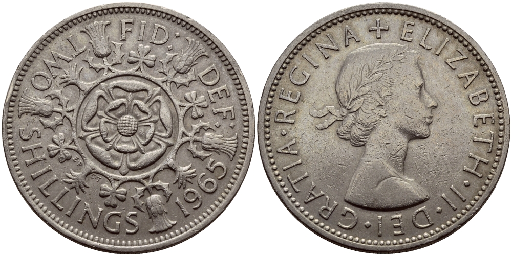 Великобритания 2 шиллинга (флорин) 1965 Елизавета II (1952-2022) KM 906, Spink 4146 медно-никель 83-1732
