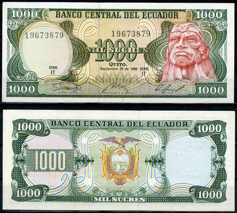 Эквадор 1000 сукре 1986 Руминьяви, серия IT Pick 125 a (1986 (8))  бумага  UNC (пресс) 3295-35-3-1